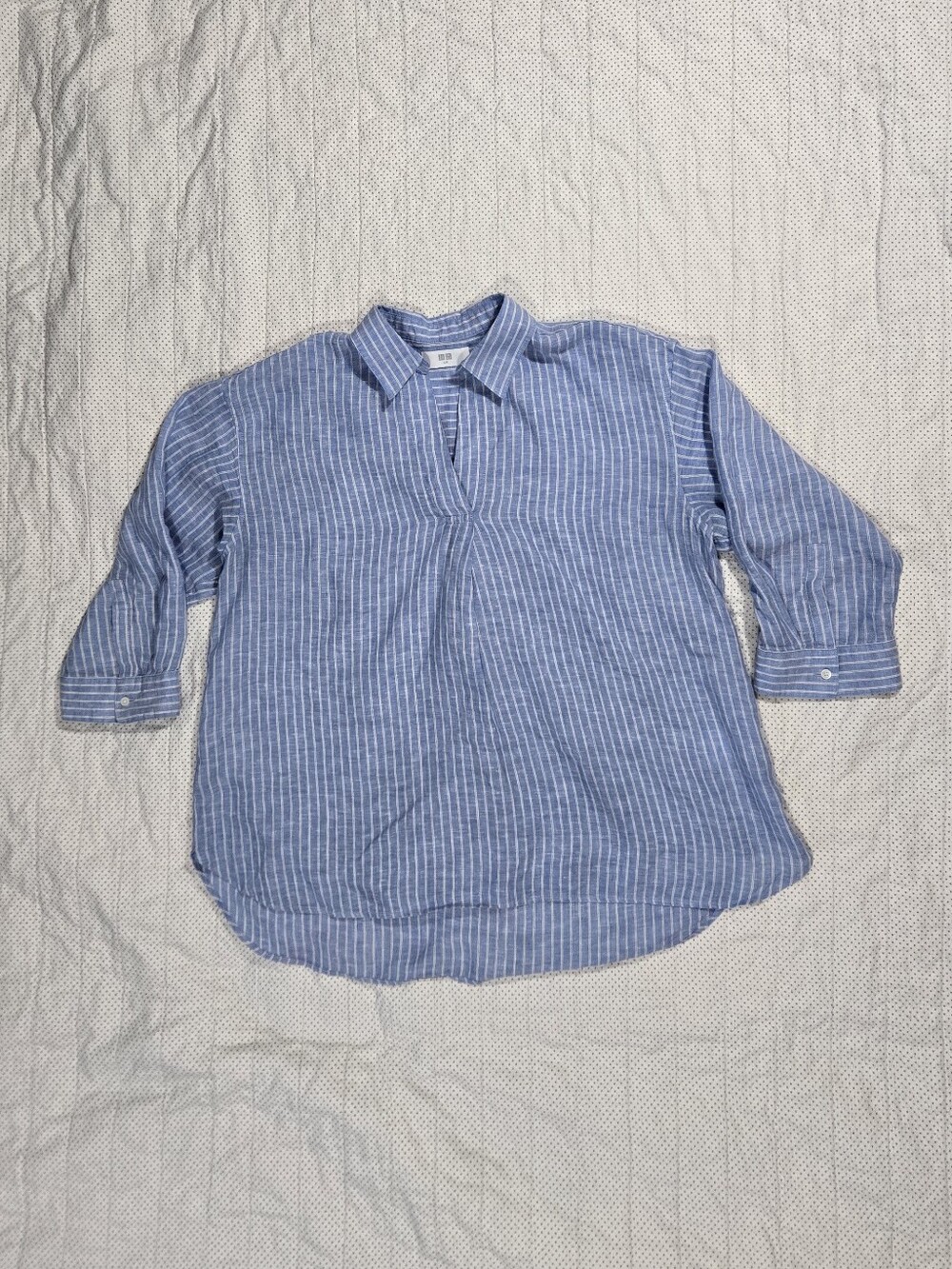 Uniqlo Premium Linen Skipper Collar 3/4 Sleeve Shirt Blue White Linen Size L